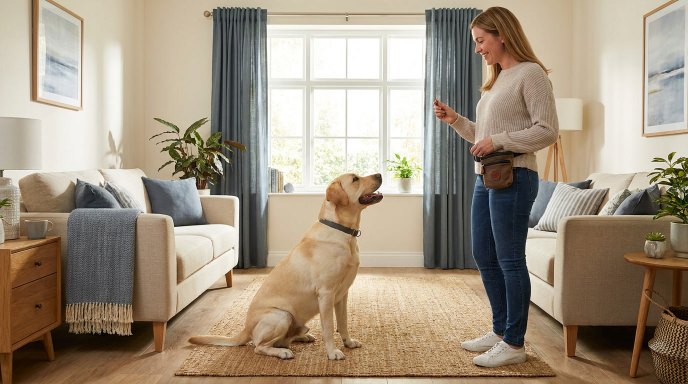 Labrador Retriever sitting attentively during obedience training at home.