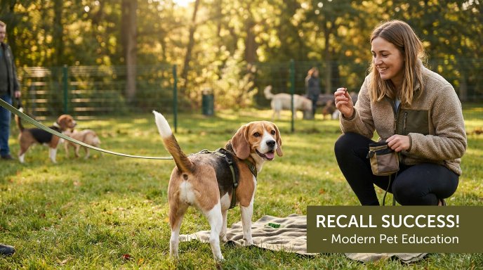 Beagle returning to its owner during recall training with a long line in a park.