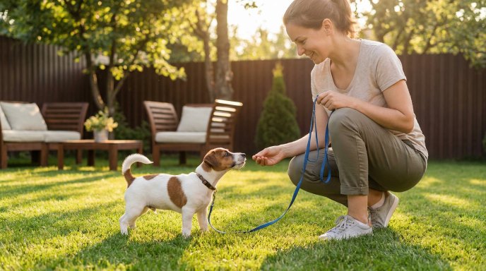 Jack Russell puppy outside during a potty training routine with its owner.