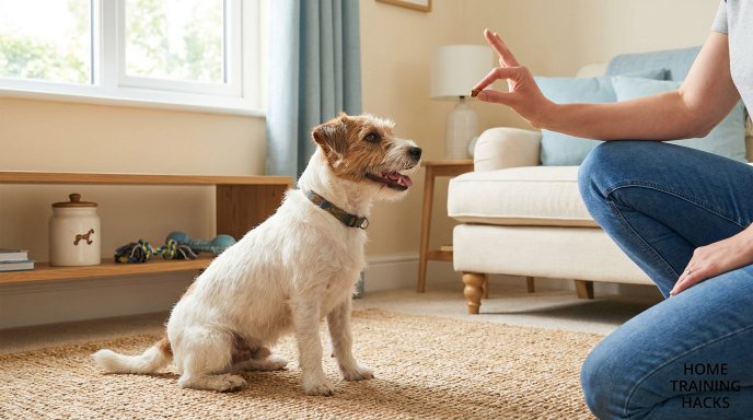 Owner training a Jack Russell Terrier at home with treats and clear hand signals.