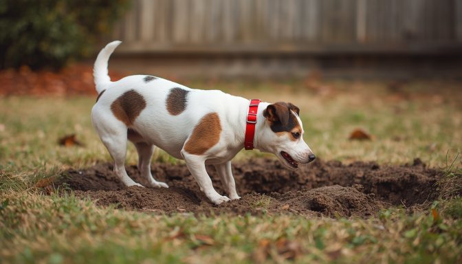 Jack Russell Terrier being redirected from yard digging to an approved digging area.