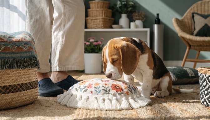 Beagle puppy exploring safe socialization experiences at home with owner guidance.
