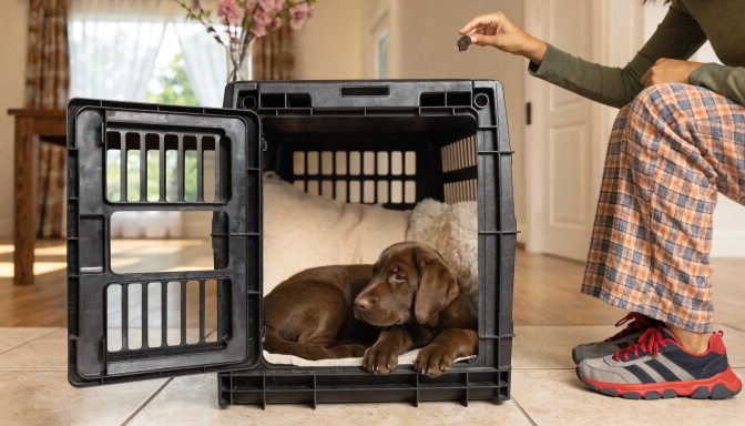 Labrador Retriever puppy calmly settling in a crate during crate training.