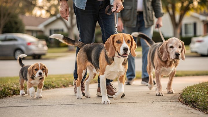Beagle walking with owner as part of an age-appropriate exercise routine.