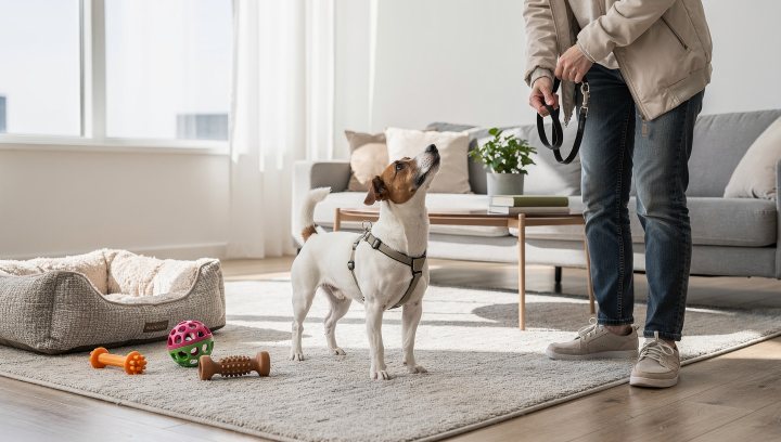Jack Russell Terrier in an apartment with enrichment setup and owner preparing for a walk.