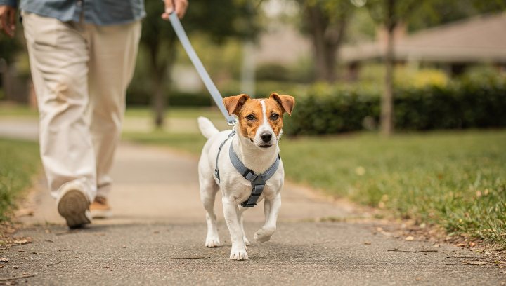 Jack Russell Terrier getting daily exercise on a walk with its owner.