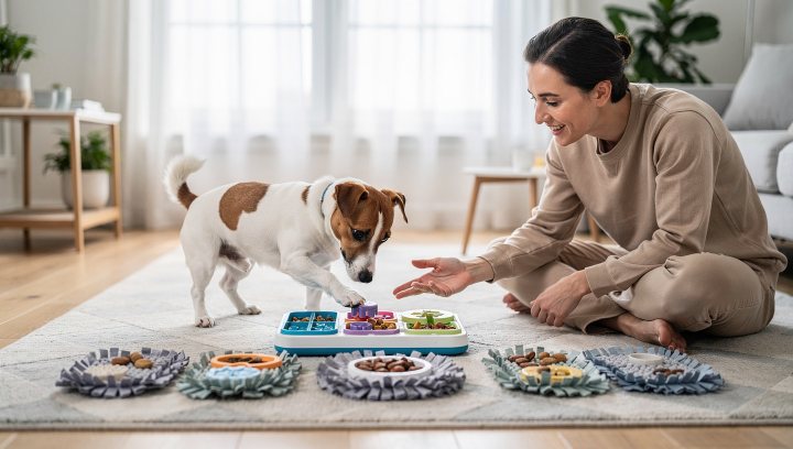Jack Russell Terrier doing a puzzle and scent-based brain game at home.