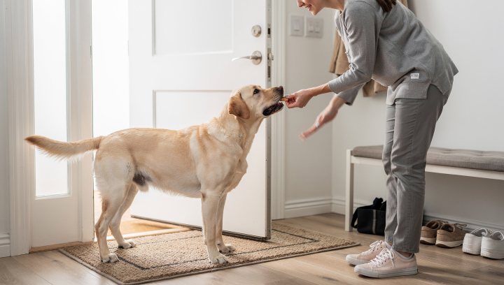 Labrador Retriever greeting guests politely with all four paws on the floor.