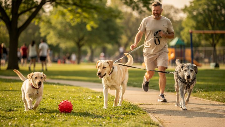Puppy, adult, and senior Labrador Retrievers doing age-appropriate exercise.