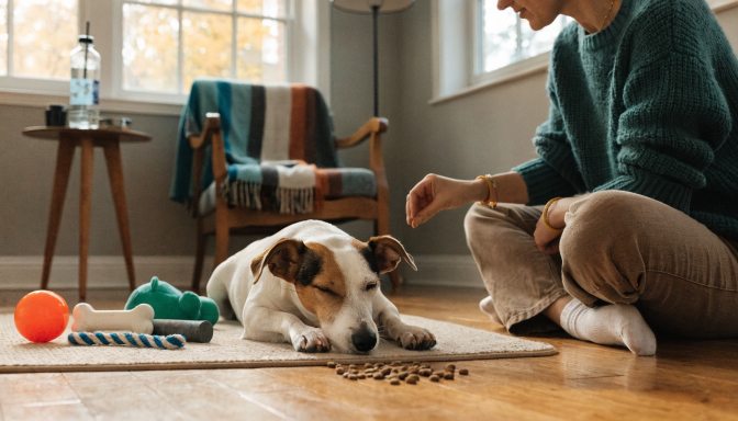 Jack Russell Terrier settling calmly on a mat after structured training and play.