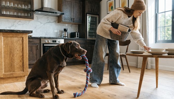 Labrador Retriever chewing an approved toy instead of household items.