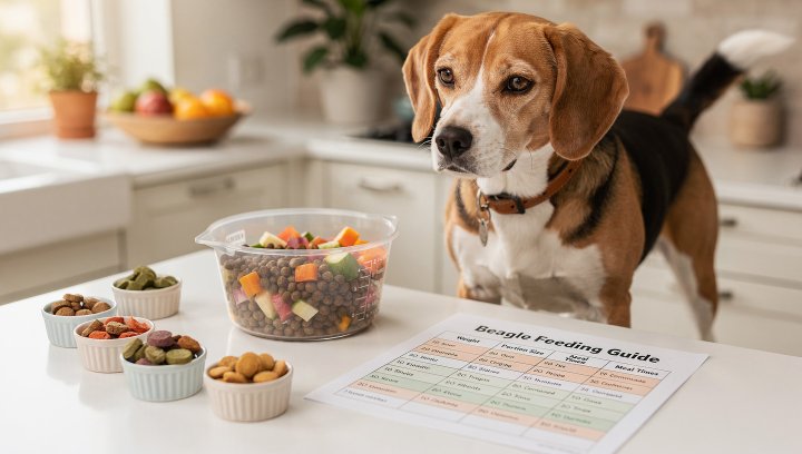 Beagle with a measured meal and healthy treat options for weight management.