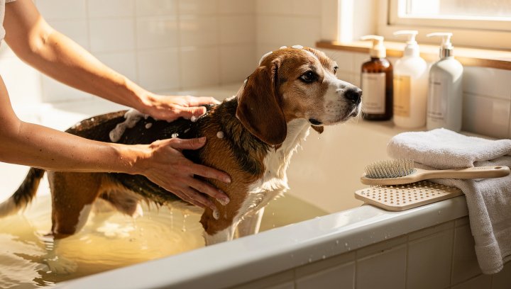 Beagle receiving a calm bath at home with gentle handling.