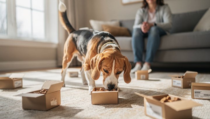 Beagle doing a nose work scent game at home with boxes and treats.