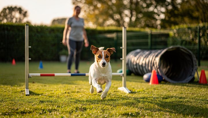 Jack Russell Terrier practicing beginner agility obstacles with its owner.