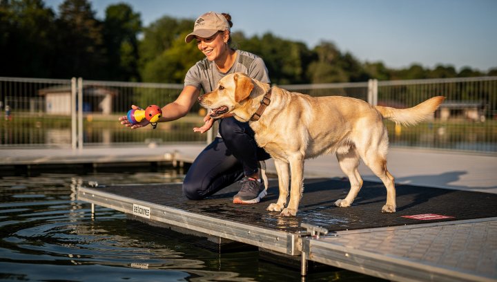 Labrador Retriever starting beginner dock diving practice with owner guidance.