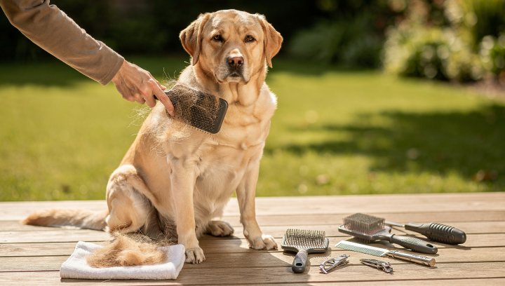 Labrador Retriever being brushed with grooming tools to manage shedding.