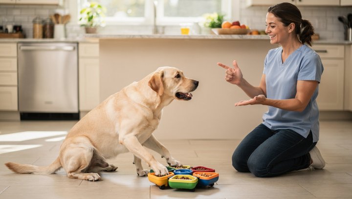 Labrador Retriever doing mental stimulation exercises with puzzles and training at home.