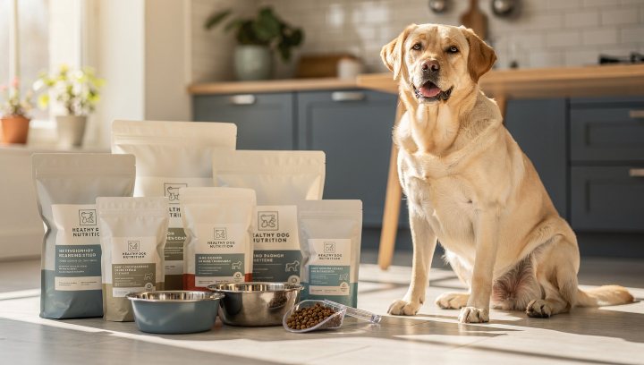 Labrador Retriever next to healthy dog food options in a kitchen setting.
