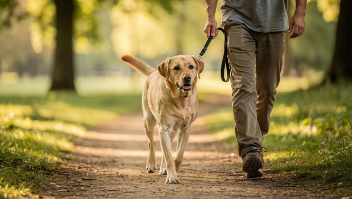 Fit Labrador Retriever on a joint-friendly walk with its owner.