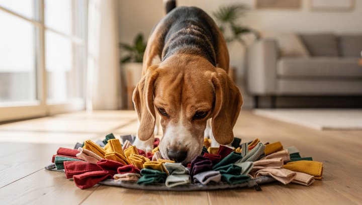 Beagle using a snuffle mat for scent-based enrichment at home.