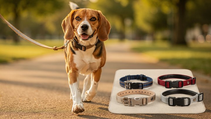 Beagle wearing a well-fitted collar and leash on a walk.
