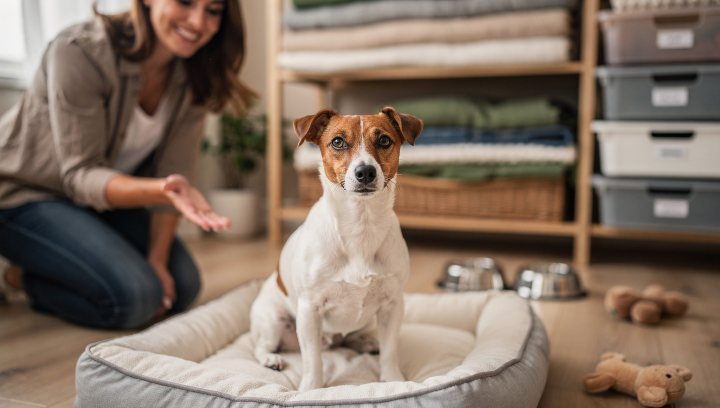 Jack Russell Terrier in a rescue setting with a volunteer nearby.