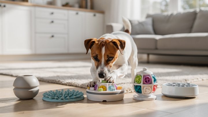 Jack Russell Terrier using a puzzle feeder for mealtime enrichment.