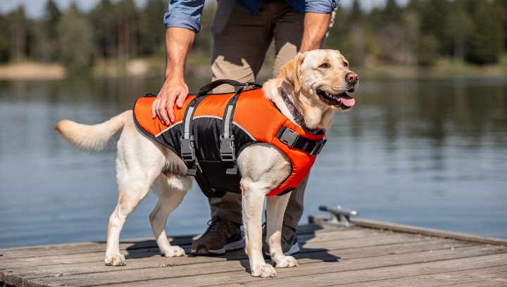 Labrador Retriever wearing a properly fitted life jacket near the water.