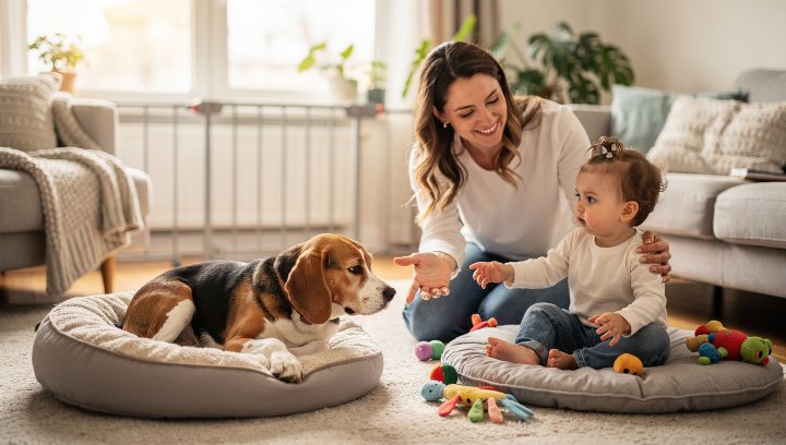 Beagle and toddler in a home with close adult supervision and safe spacing.