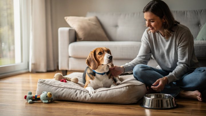 Rescue Beagle settling into a new home with a calm owner nearby.