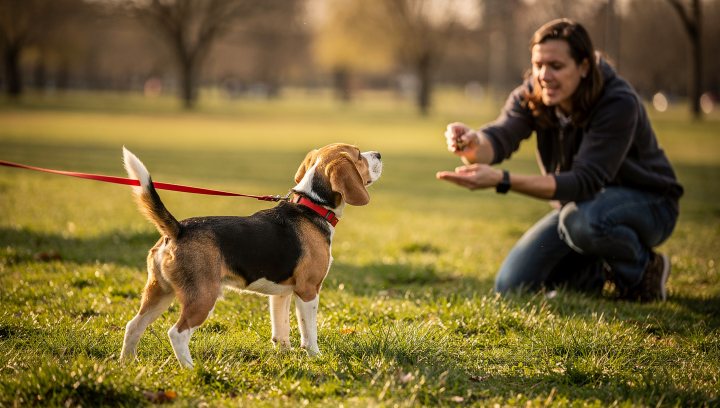 Beagle returning to its owner during recall training on a long line.