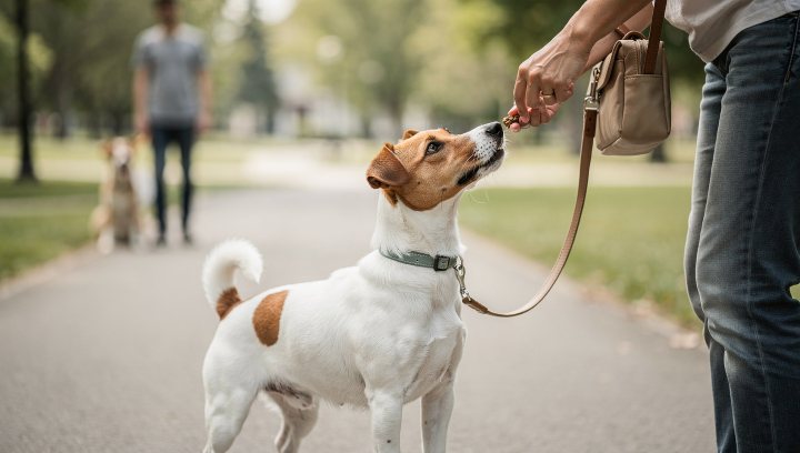 Jack Russell Terrier practicing calm leash reactivity training at a safe distance from another dog.