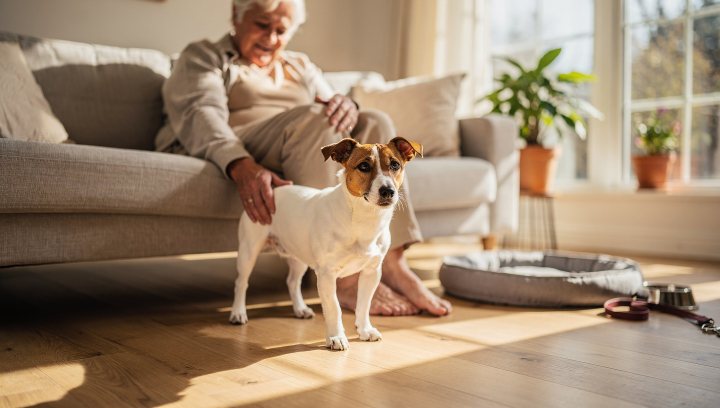 Jack Russell Terrier with an older owner in a calm home or walking setting.