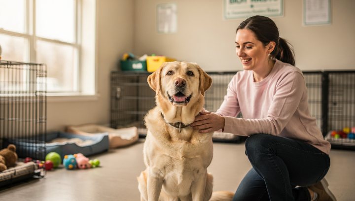 Labrador Retriever in a rescue or foster setting with a caregiver nearby.