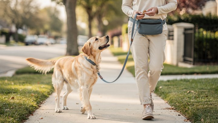 Labrador Retriever walking politely on a loose leash beside its owner.