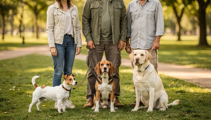 Jack Russell Terrier, Beagle, and Labrador Retriever shown together for a breed comparison.