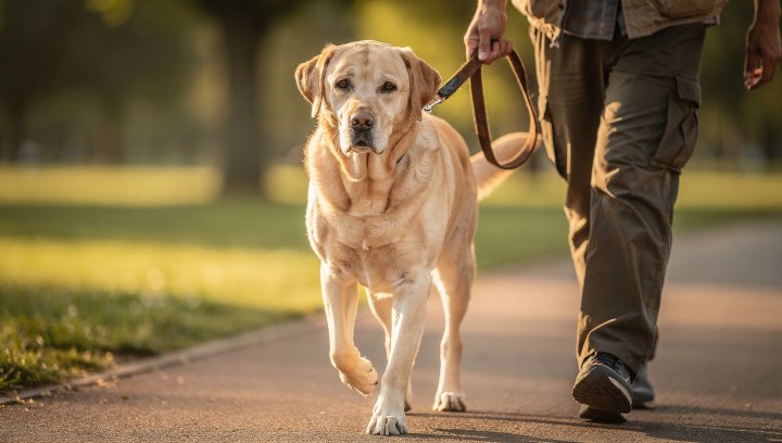 Senior Labrador Retriever on a gentle walk with its owner.