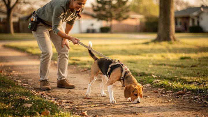 Beagle using hound instincts during scent-focused training with its owner.