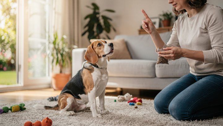 Beagle focusing on owner during obedience training at home.