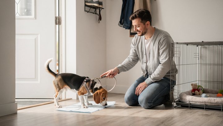 Beagle puppy being guided through a house-training routine in an apartment.