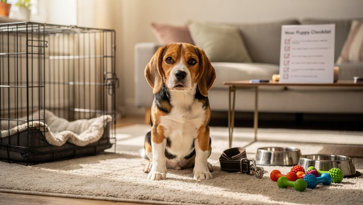 Beagle puppy settling into its new home during the first week with starter supplies nearby.
