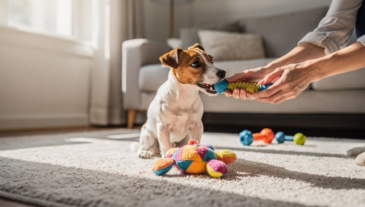 Jack Russell Terrier puppy being redirected from biting hands to an appropriate chew toy.