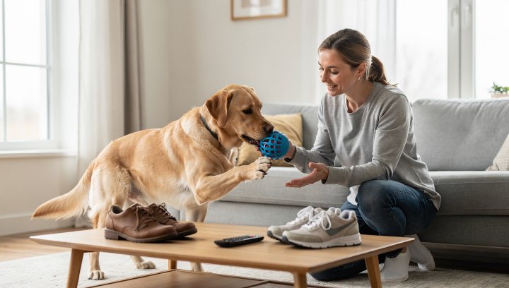 Labrador Retriever choosing an approved toy instead of grabbing household items.