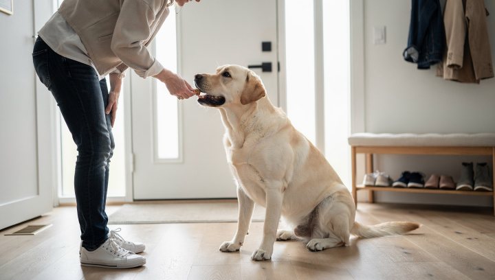 Labrador Retriever greeting politely with four paws on the floor.