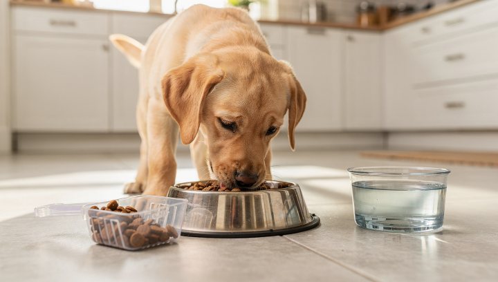 Labrador puppy eating a scheduled meal in a bright kitchen with water nearby.
